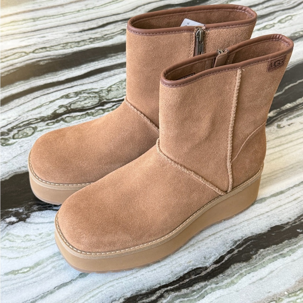 UGG Tan Suede Platform Short Zip Boots